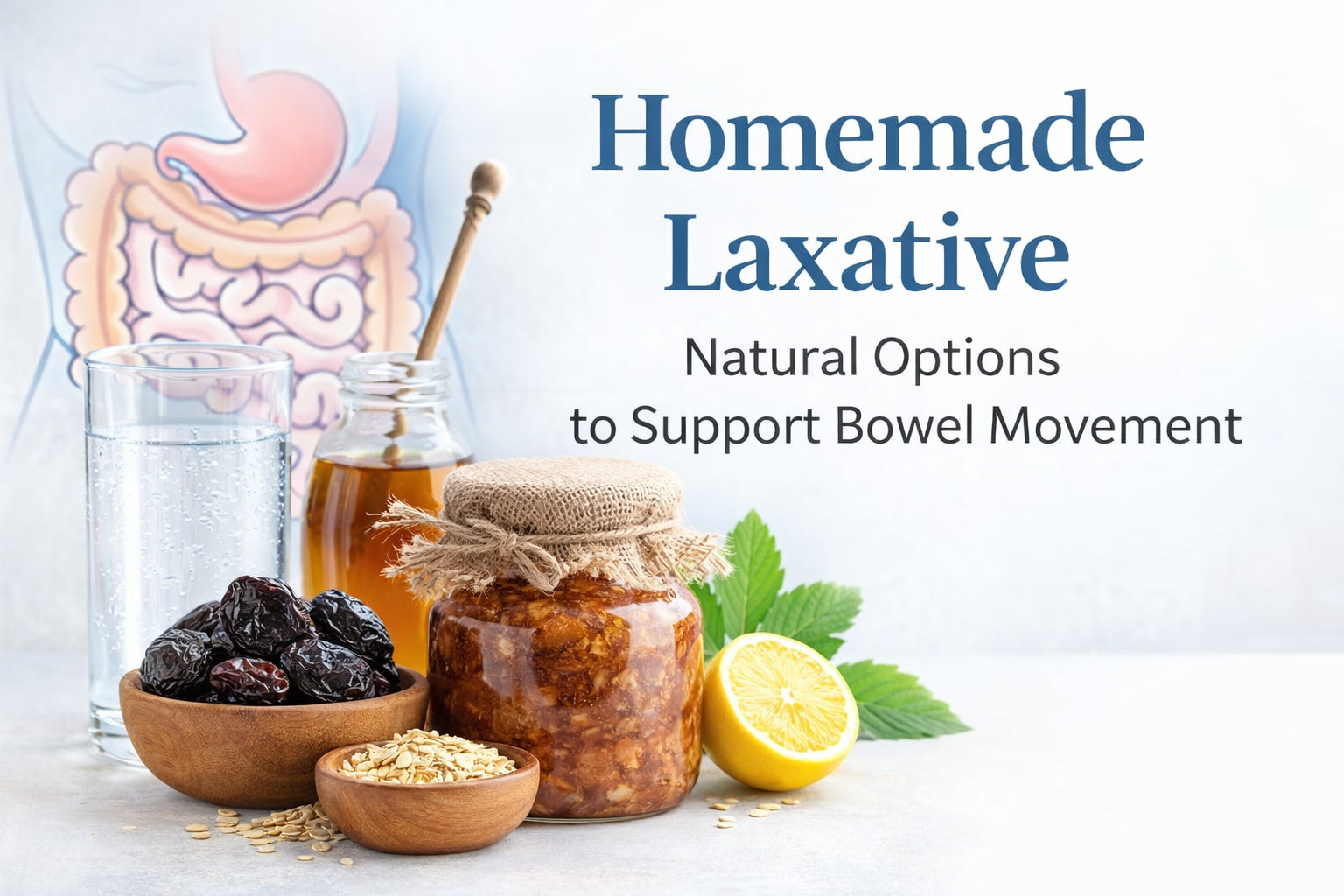 Homemade laxative made with prunes, oats, lemon, honey and water to support natural bowel movement