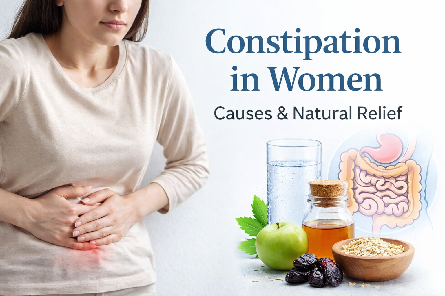 Constipation in women concept showing abdominal discomfort and natural digestive support foods like prunes, oats, apple and water